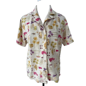 TABI INTERNATIONAL Vintage Linen Blend Button Front Camp Shirt Garden Print 90’s